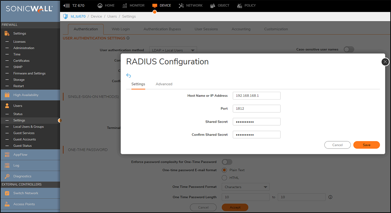 Entering Radius Server ip, port number and secret key